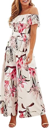 flower embroidery off shoulder wide leg jumpsuit