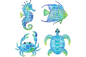 dreamskip Coastal Decor Metal Wall Art, Ocean Theme Outdoor Wall Decor, Crab Seahorse Sea Turtle Metal Fish wall decor, Nautical Decor for Pool Fence Bathroom Indoor Garden Yard Kitchen (Set of 4)