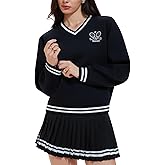 Women's Long Sleeve Tennis Skirt Set 2 Piece Golf Outfit, V-Neck Sweater & Skort with Pockets, Preppy Pickleball Sport Suits