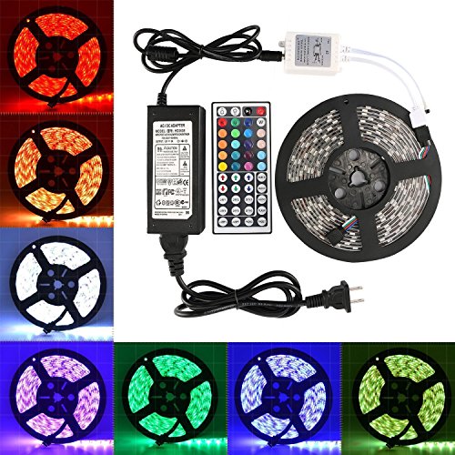 SJP Light 5050 RGB LED Flexible Strip Light DC 12V Kit 5M 300 LEDs 5050 SMD IP65 Waterproof Color Changing LED Rope Light Strips With 12V 6A Power Adapter & 44Key IR Remote Controller