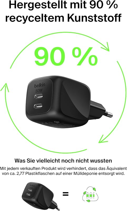USB Ladegerät 2 Port, 50W, GaN Ladegerät mit 2 USB-C-Anschlüssen, Schnellladen für USB C Geräte wie MacBook, iPhone 17, iPad Pro, Chromebook, Galaxy S25 Ultra, Pixel 10 – Reisezubehör – Schwarz