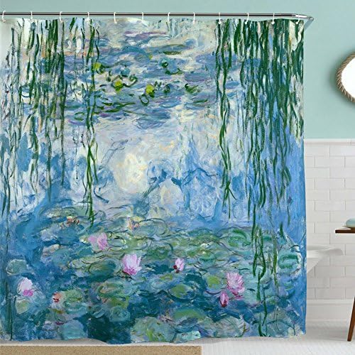 Nature Fabric Shower Curtain Set,Green Lotus Floral Flower Leaf in the Water Oil Painting Seasonal Bath Curtain,Waterproof Polyester Fabric Bathroom Decor with Hooks,72x72 Inch,Pink and Green