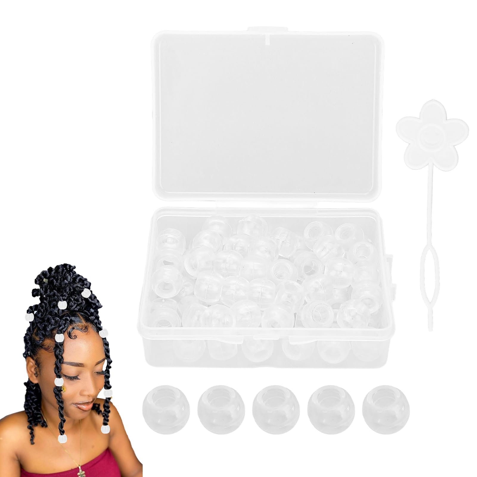 Agatige 70Pcs Clear Hair Beads, 5mm Holes Barrel Plastic Hair Braided Beard Pony Beads DIY Hair Dreadlocks Hair Accessories Decorative with Quick Beader Tool for Women, Men, Girls