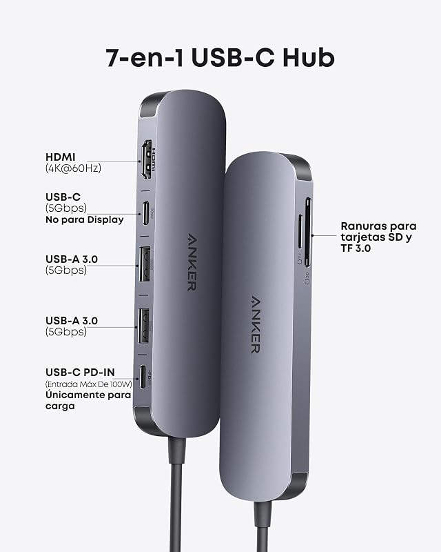 Hub USB C 7 en 1, HDMI 4K 60 Hz, 100 W, SD y TF