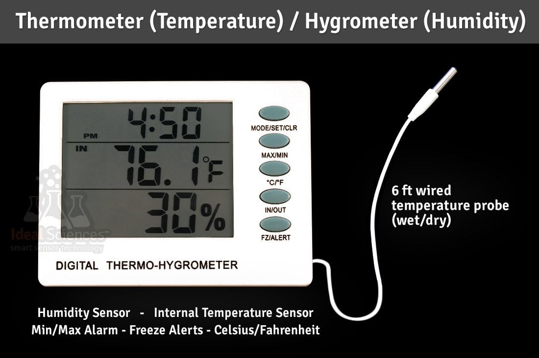 Ideal Sciences Digital Thermometer - Hygromter with 6ft Wet/Dry Temperature Probe