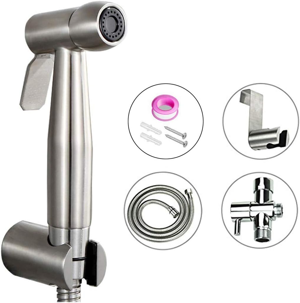 HOMY Hand Held Bidet Sprayer Kit for Toilet, Bidet Shattaf Premium Brushed Stainless Steel with Spray Holder, T-adapter, 57.8" Hose, Wall/Tank Mounted- No Leaks No Splash