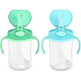 Amazon Basics Spill Proof Dishwasher Safe Silicone Weighted Straw Sippy Cup with Removable Handles, BPA Free, 9 Ounces, Blue/Green, Pack of 2 (Previously Mama Bear)