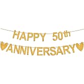 TC.ES Happy 50th Anniversary Banner, Gold Glitter 50th Wedding Anniversary 50 Years Loved Party Decorations Celebration, Pre-Strung