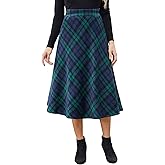 HERBATOMIA Women’s Midi Plaid Skirt High Elastic Waist A-line Vintage Flowy Winter Warm Long Skirts for Women with Pocket