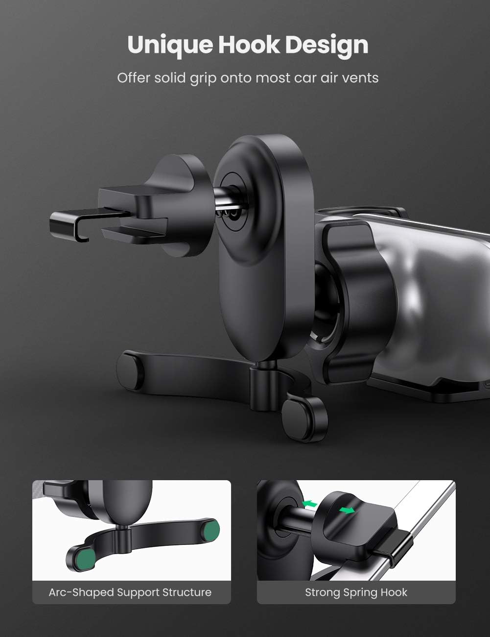 UGREEN Car Mount for Smartphones (A70, S10, Huawei P30, P30, Huawei P50, iPhone, S21) with Tripod or Vent Mount - Black - Image 4
