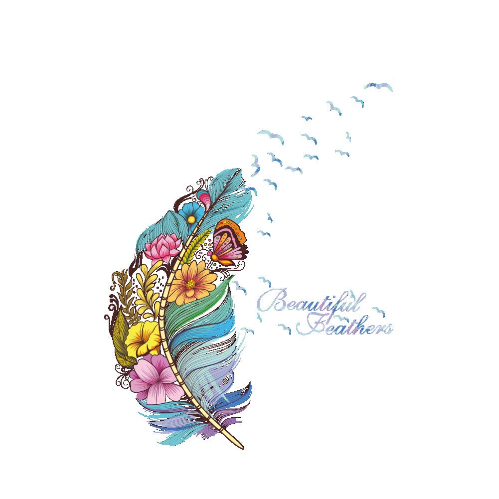 Colorful Beautiful Floral Flower with Butterfly Blue Feather Wall Sticker Decal for Home Decor