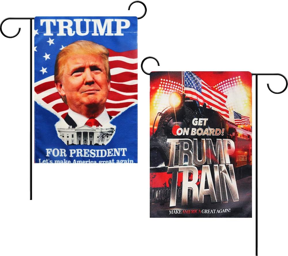 Intsun 2 Pcs Patriotic Garden Flags Burlap Vertical Double Sided 12.5 x 18in Personalized Yard Flag Decorations Outdoor Garden Flag for Lawn Porch Patio (President Trump & Train Pattern)