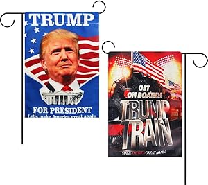 Intsun 2 Pcs Patriotic Garden Flags Burlap Vertical Double Sided 12.5 x 18in Personalized Yard Flag Decorations Outdoor Garden Flag for Lawn Porch Patio (President Trump & Train Pattern)