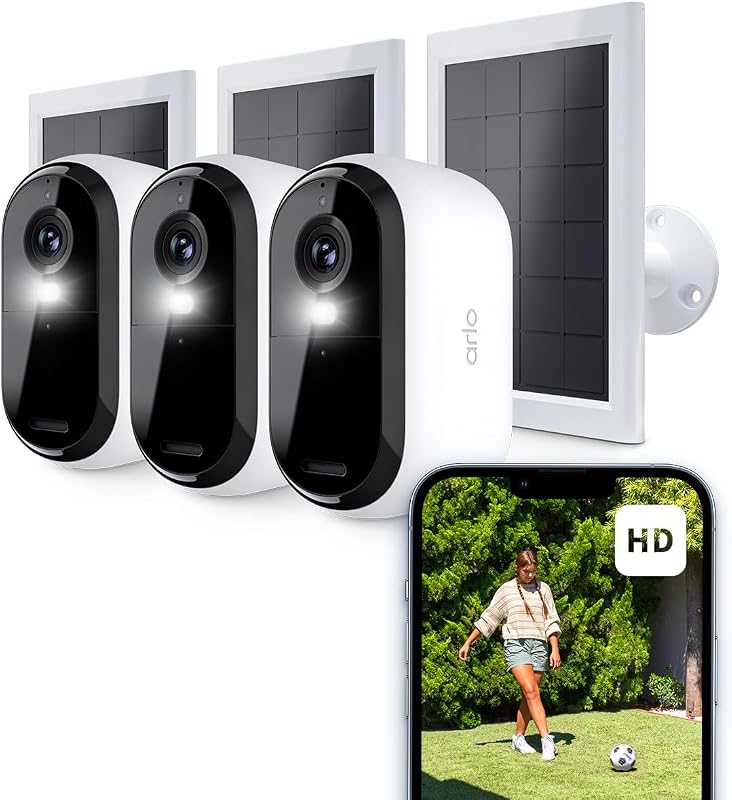 Essential HD Telecamera WiFi Esterno Senza Fili + Pannello Solare, Telecamera WiFi Interno, Sirena Allarme Casa, Sensore Di Movimento, Prova Inclusa Arlo Secure, 3 Telecamere, Bianche