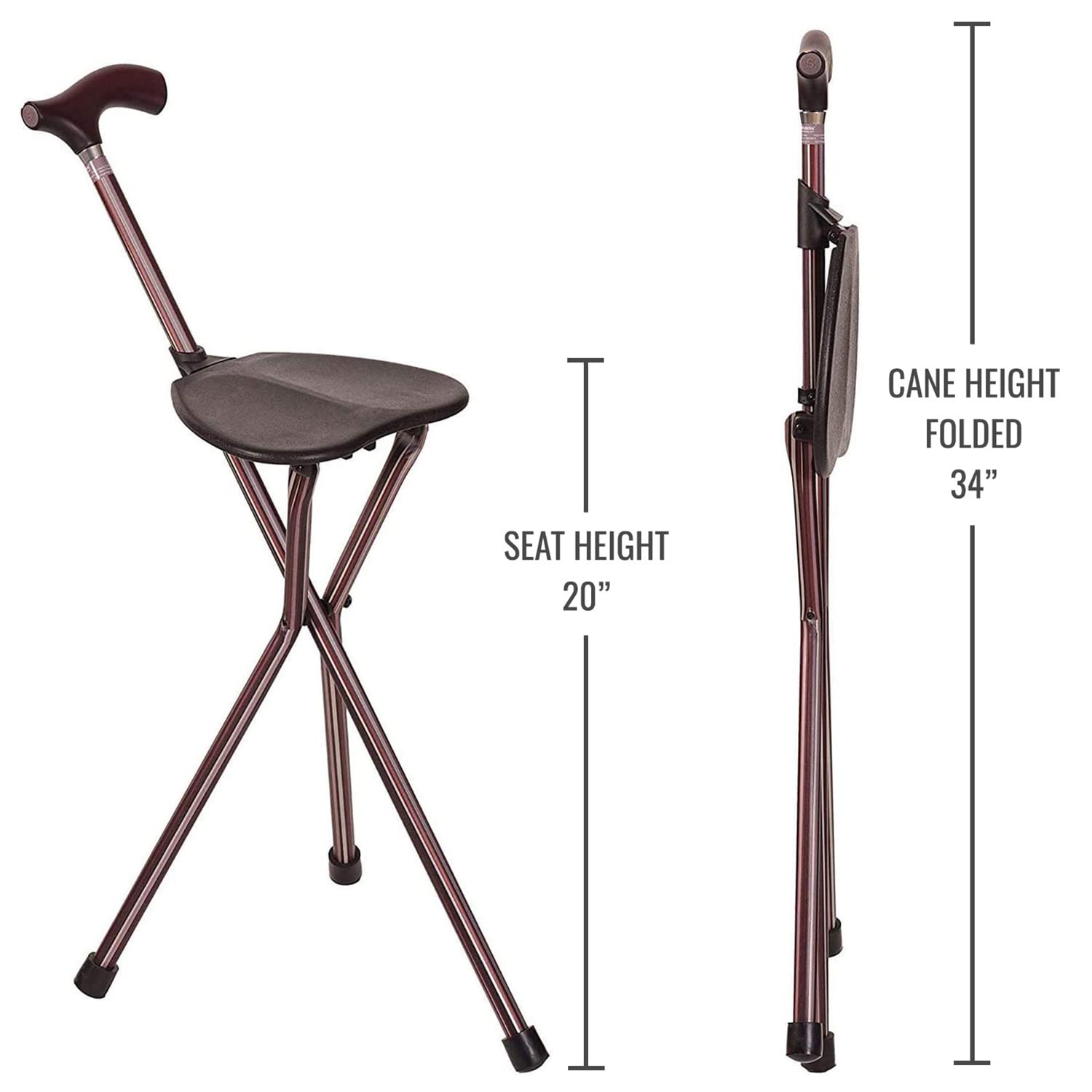 Switch Sticks Folding Walking Cane With Seat For Seniors & Adults, 34” Tall Quad Cane Chair, Lightweight Aluminum Frame - Supports 220 Lbs, Ergonomic Non-Slip Handle - Travel & Outdoor - FSA/HSA