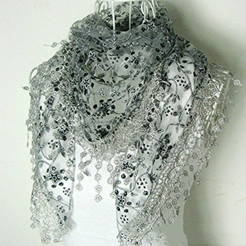 Gilroy Women Hollow Tassel Lace Floral Knit Triangle Mantilla Scarf Shawl - Dark Grey