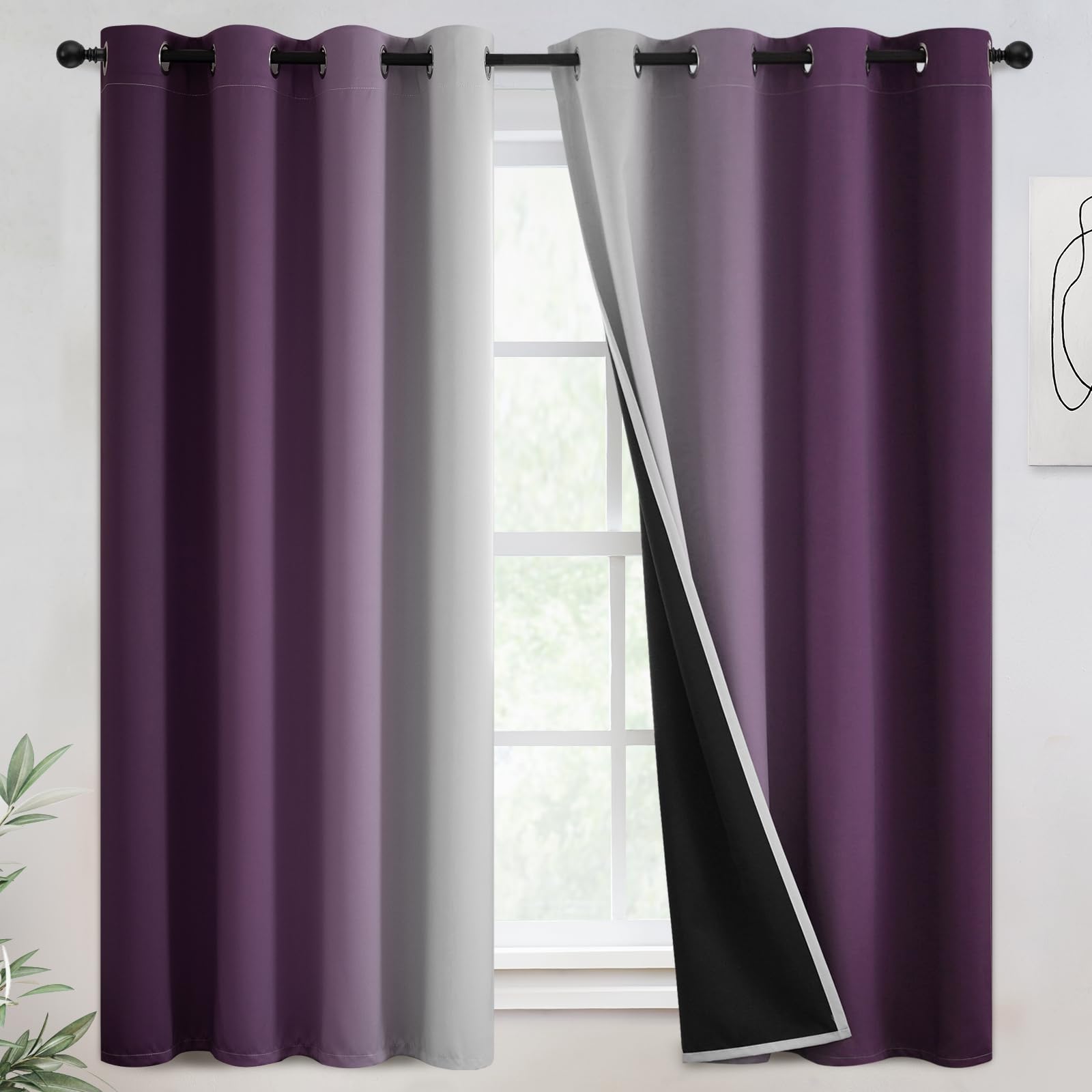 COSVIYA 100% Blackout Curtains & Drapes Ombre Purple to Grayish White, 52x63 Inches, 2 Panels, Modern Style, Grommet Top, Living Room