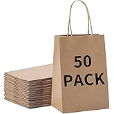 BAG BOX 50 Pcs Medium 8.25x4.3x10.6 Inch Brown Kraft Paper Gift Bags with Handles for Bulk Wedding, Party Favors, Grocery, Shopping, Retail Merchandise, Gift Sacks