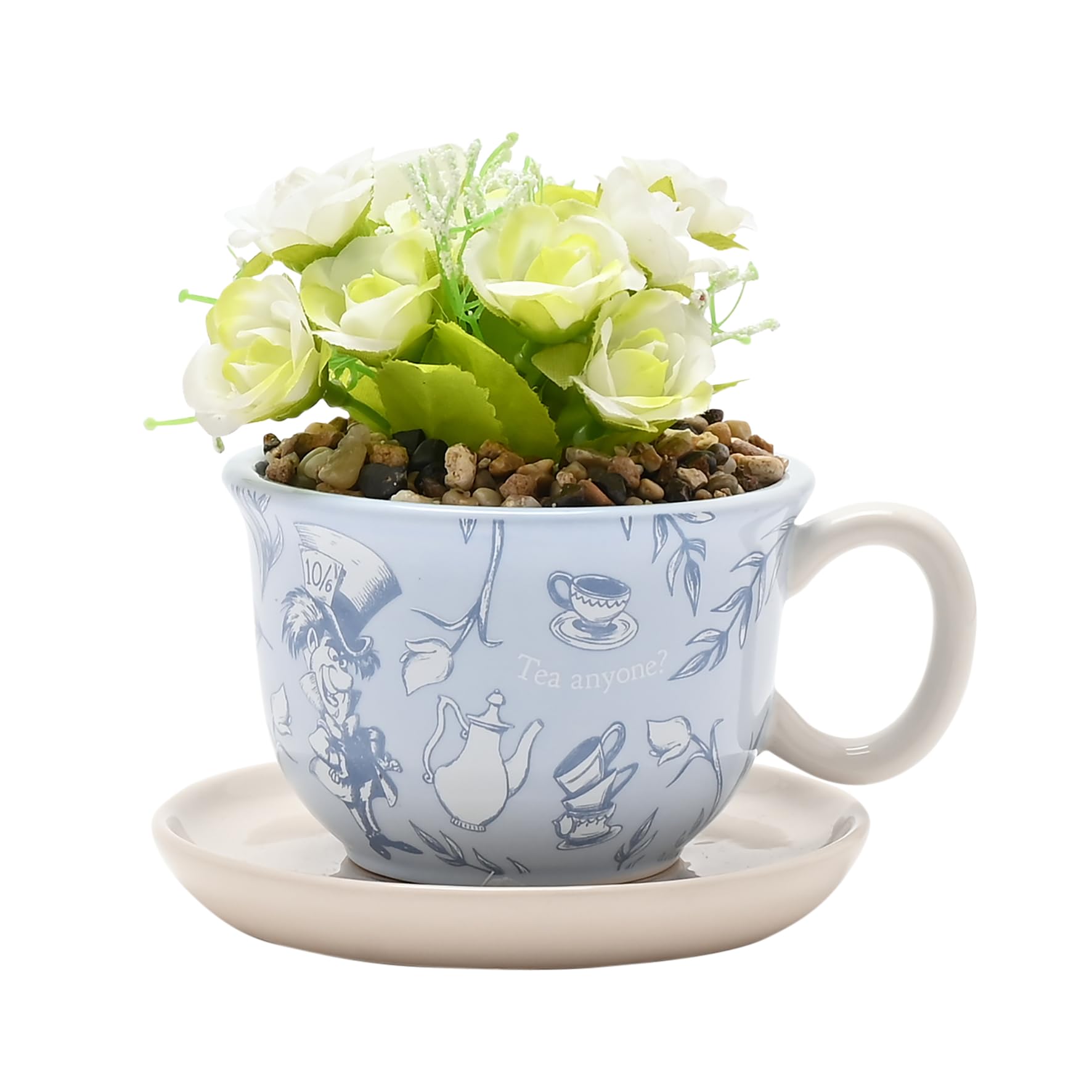 Disney Alice in Wonderland Teacup Planter – Ceramic Blue Tea Cup Plant Pot with Faux Flowers – Quirky Decorative Gift for Fans of Alice in Wonderland – Widdop Home Ornament