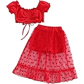 LXXIASHI 2PCS Baby Girl Summer Outfits Puff Sleeve Drawstring Crop Tops + Dotted Mesh Skirt Shorts Sets