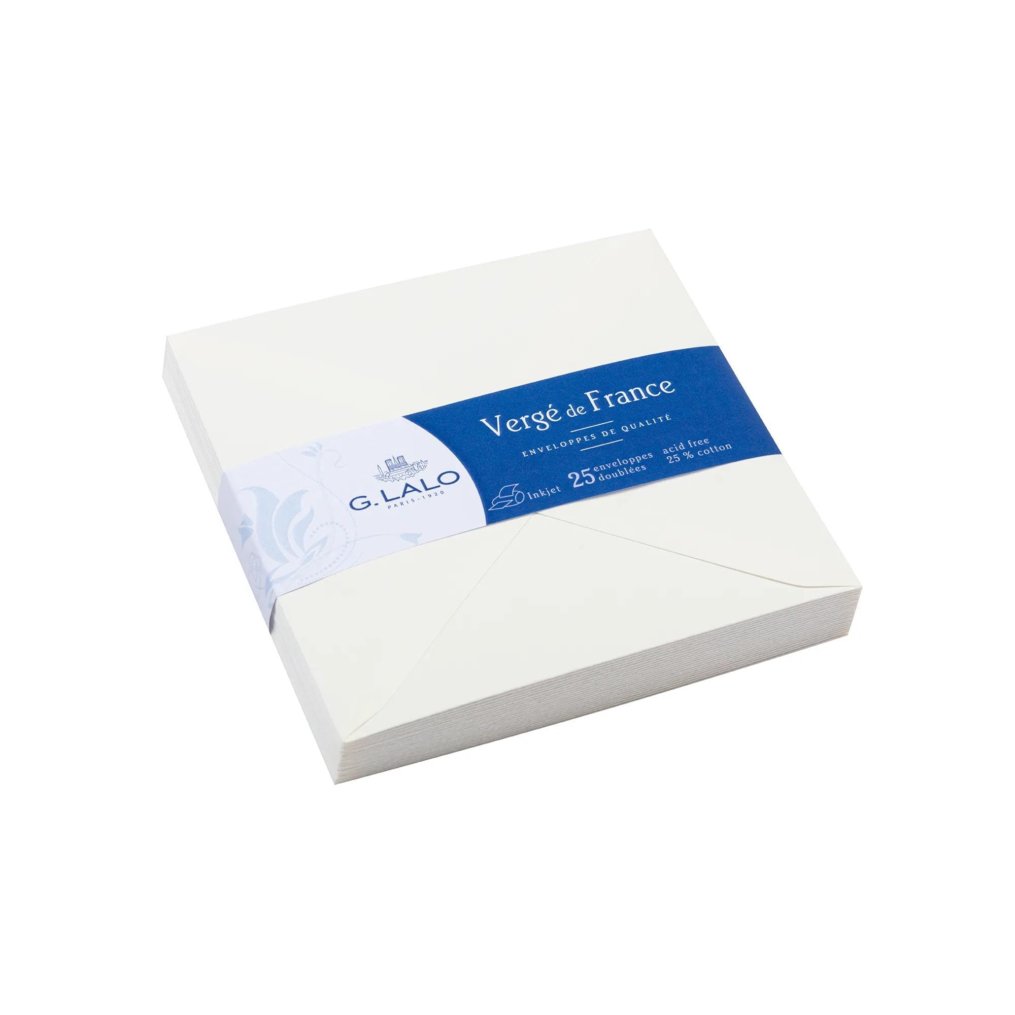 Lalo 22000L - Verge De France Pack of 25 gummed lined envelopes. Size: 14x14 cm, Laid Paper from France, White Lined Correspondence Paper Made in France