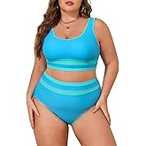 Eytino Womens Plus Size Bikini Sets High Waisted Scoop Neck Bahting Suits Two Piece Color Block Swimsuits(1X-5X)