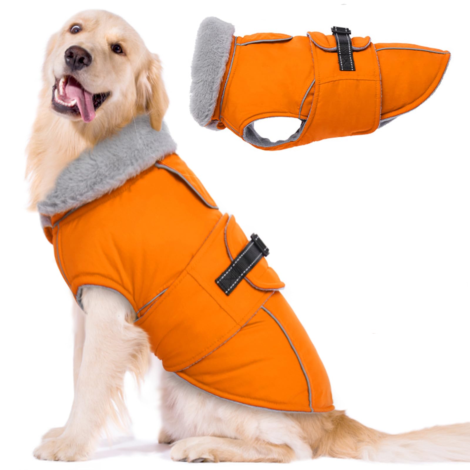 Lelepet Warm Coats and Jackets for Dogs, Waterproof Winter Dog Coat for Cold Weather, Reflective Dog Puffer Jacket, Fleece Lining Pet Coat with Harness Hole for Large Dogs, Orange 2XL