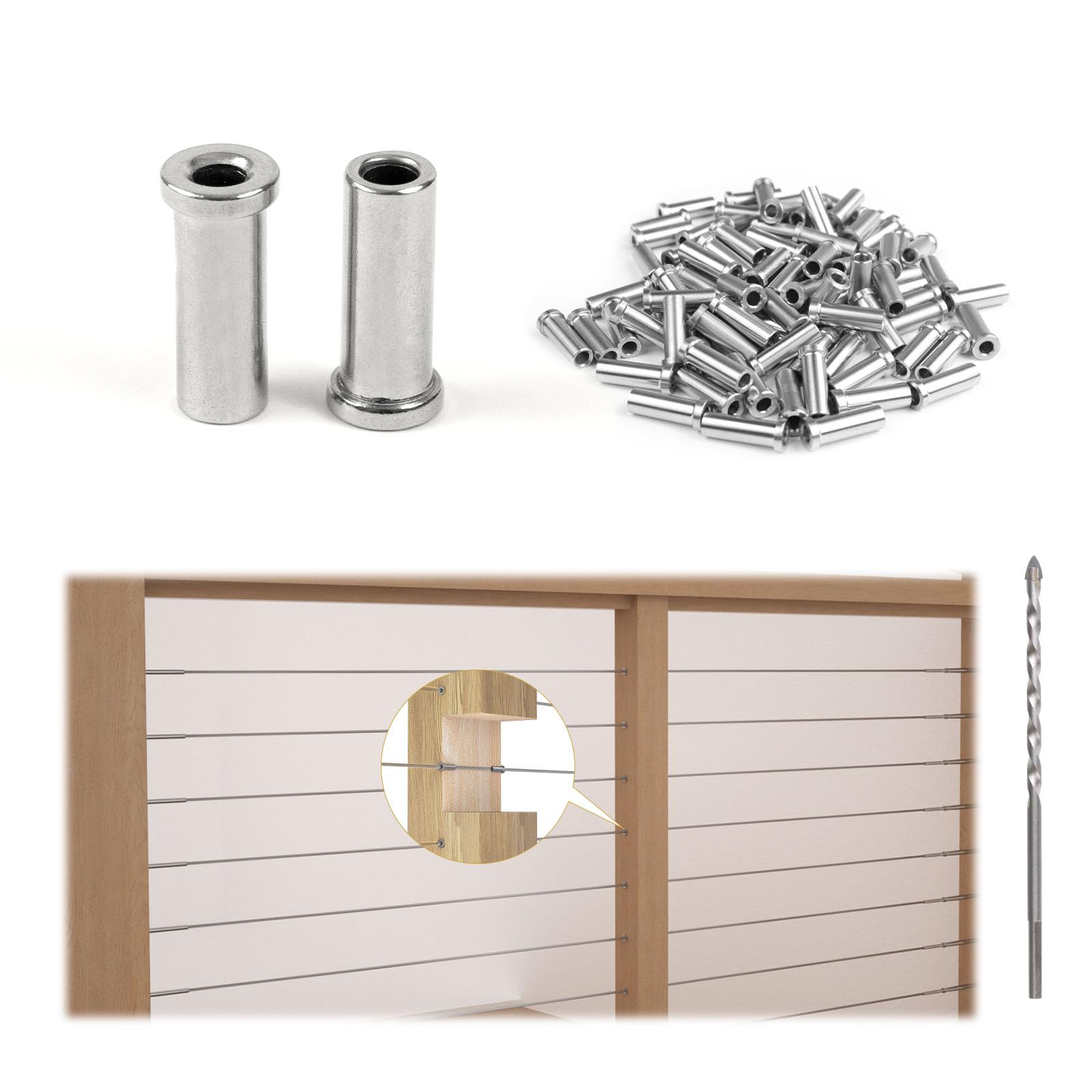 Photo 1 of 100Pack Stainless Steel Protective Sleeves Cable Railing Grommets T316 Cable Railing Hardware for 1/8" Wire Rope Level Wood Post Wire Kit SC07