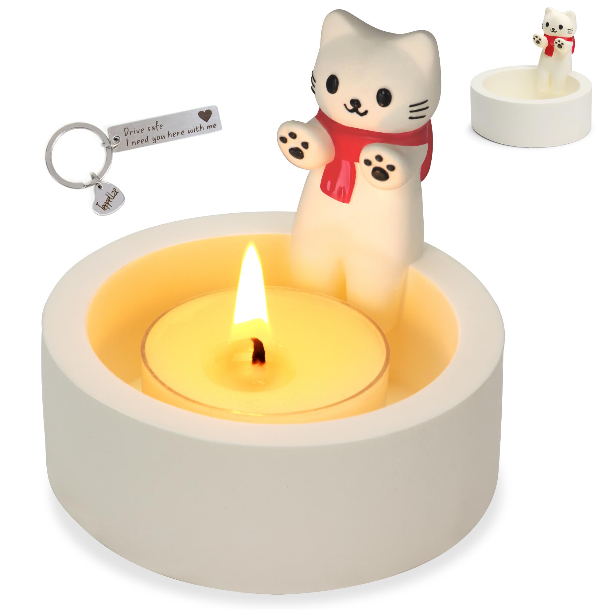 Teppellze CatCandle Cute Kitty Cartoon Kitten Warming Paws Plaster Handmade Tea Light Holder Home Decor Gifts for Cat Lovers with Keychain for Free