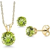 Gem Stone King 14K Yellow Gold Green Peridot Pendant Earrings Jewelry Set For Women | 1.60 Cttw | Gemstone August Birthstone | Round 6MM | with 18 Inch Gold Chain