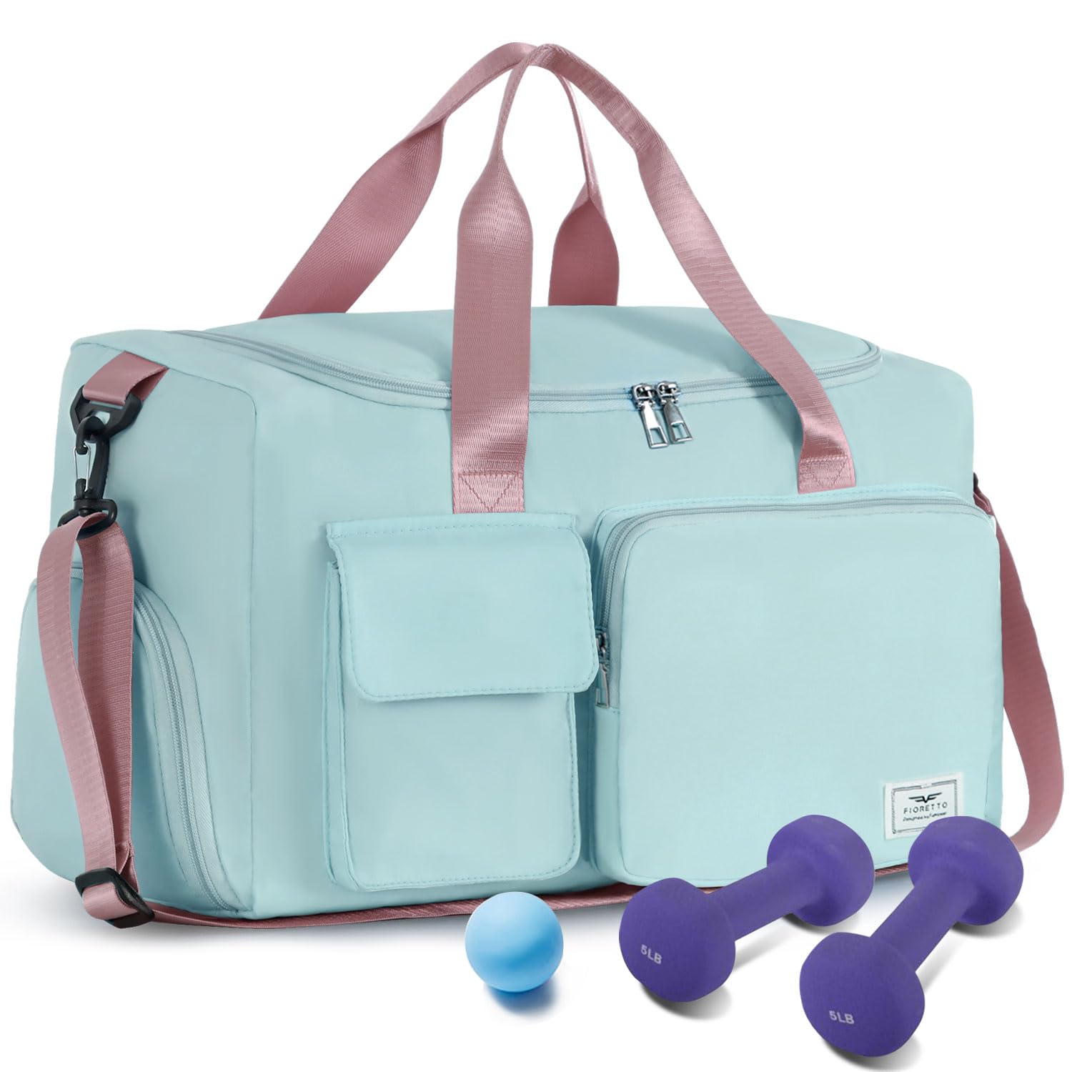 FIORETTO Womens Mens Sports Gym Bag Duffle Bag with Shoes Compartment, Weekend Travel Bag Overnight Bag for Women, Water Resistant Holdall Hospital Bag for Swimming Green