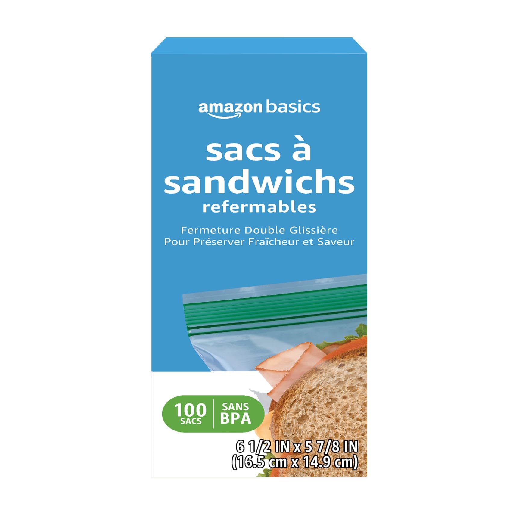 Amazon Basics Reclosable Sandwich Double Zipper Storage Bags, 100 Count, Pack of 1