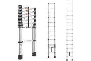 EVASTAR HOME Evastar Telescoping Ladder, 15.5FT One-Button Slow Retraction Extension Ladder, Compact Aluminum Telescopic Ladder,330 LBS Max Capacity with Non-Slip Feet, Ideal Ladders for Home, RV, Attic-Silver