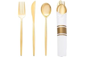 SUT 50 Pack Pre Rolled Silverware Set Disposable, 200pcs Gold Plastic Utensils Include 50 Forks, 50 Knives, 50 Spoons and 50 Napkins, Wrapped Plastic Cutlery Set With Napkin for Wedding