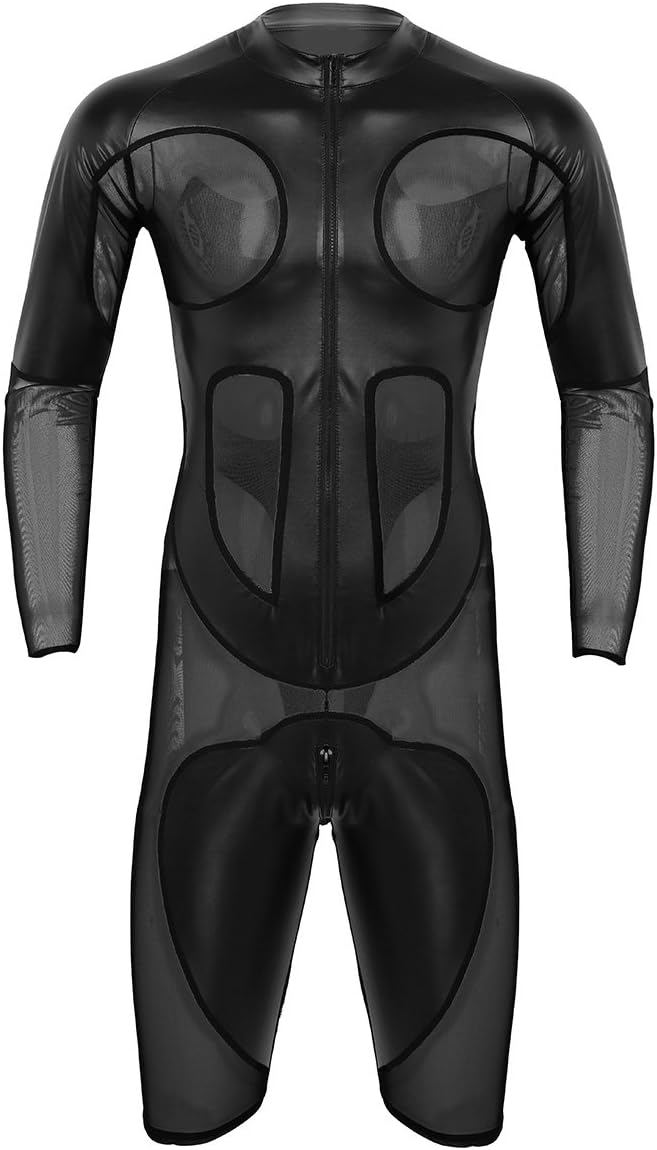 iixpin Mens Faux Leather Mesh Splice Long Sleeve Zipper Front Shorts Leotard Bodysuit Jumpsuit