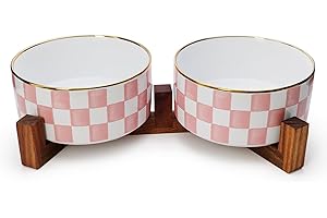 Podinor Ceramic Dog Bowls for Medium Dogs, 3.5 Cup Checkered Dog Food and Water Bowl with Acacia Wood Stand, Non-Slip Anti-Tip Elevated Feeding Station, Pink and White