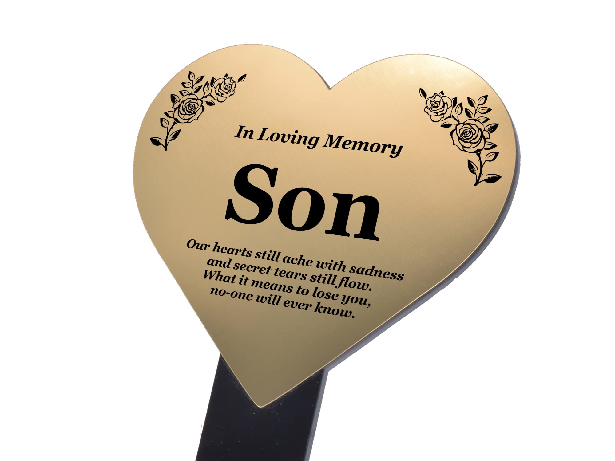 Son Heart Memorial Remembrance Plaque Stake - Metallic SILVER/GOLD Acrylic, Waterproof, Outdoor, Grave Marker, Tribute, Plant Marker. Shipped Globally. (Gold)