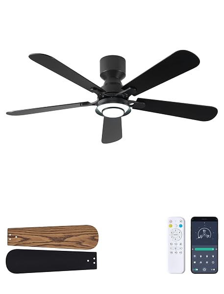 ANOLIGHT 52 INCH CEILING FAN WITH LIGHT, FLUSH MOUNT LOW PROFILE, REMOTE & APP CONTROL, QUIET 6-SPEED REVERSIBLE MOTOR, DIMMABLE LED WITH 3CCT, CEILING FAN FOR BEDROOM, LIVING ROOM, APARTMENT, BLACK