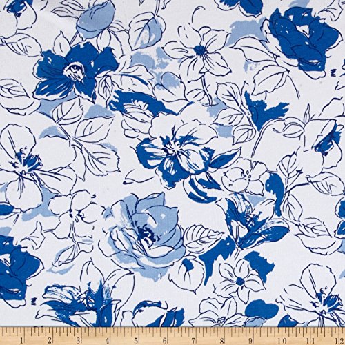 Cotton Lycra Jersey knit Floral Sketch Blue/White Fabric
