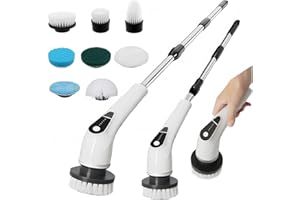 BASECENT Electric Spin Scrubber Cordless - 8 Brush Heads, 5-Speed Settings, Adjustable Extension Handle for Bathroom, Kitchen, Tile, Bathtub & Floor Cleaning