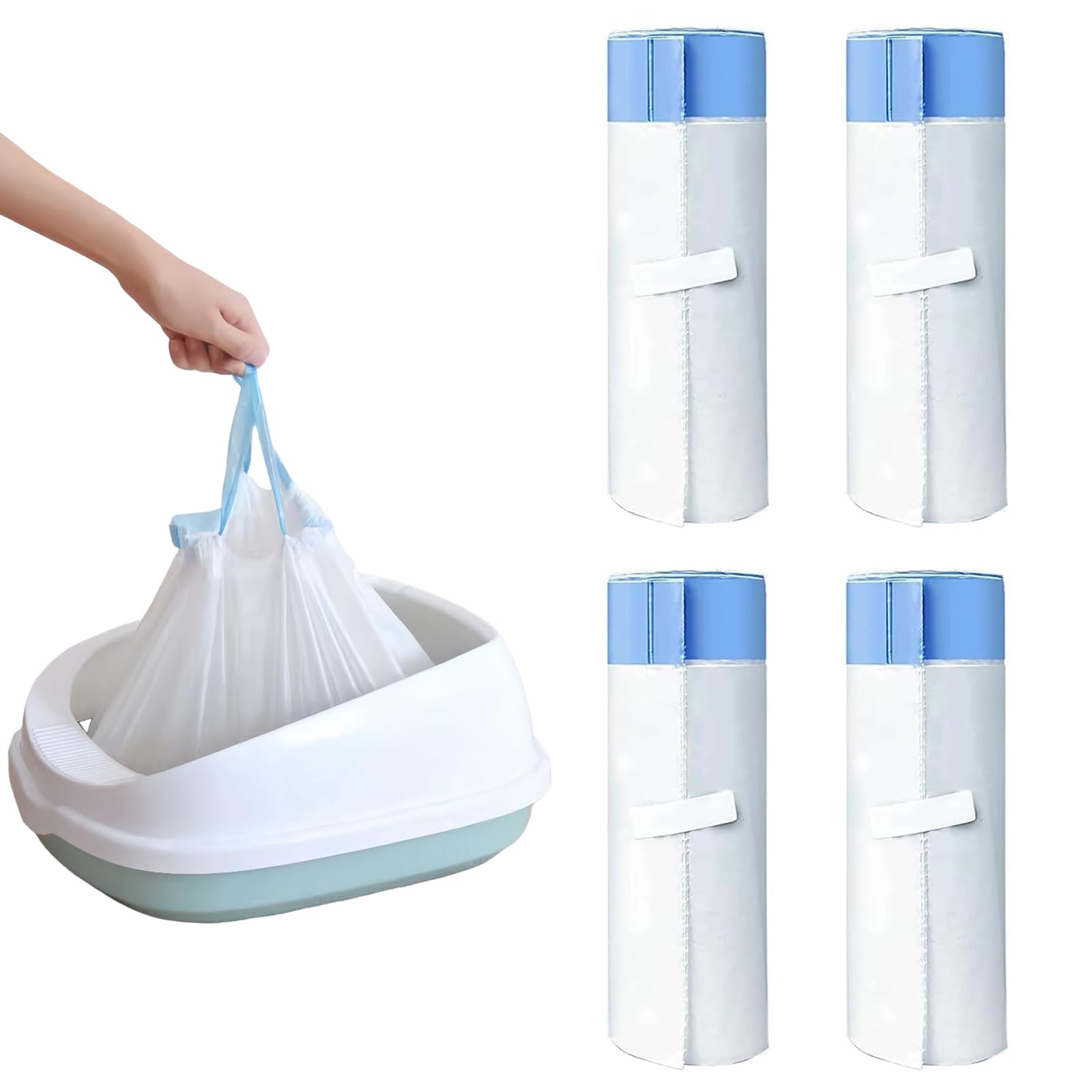 RMAN 60 Pcs Cat Litter Tray Liners with Drawstrings 90 x 50 cm XXL Cat Litter Bags for Cat Litter Tray, Biodegradable, Durable, Liquid-Proof, 4 Rolls