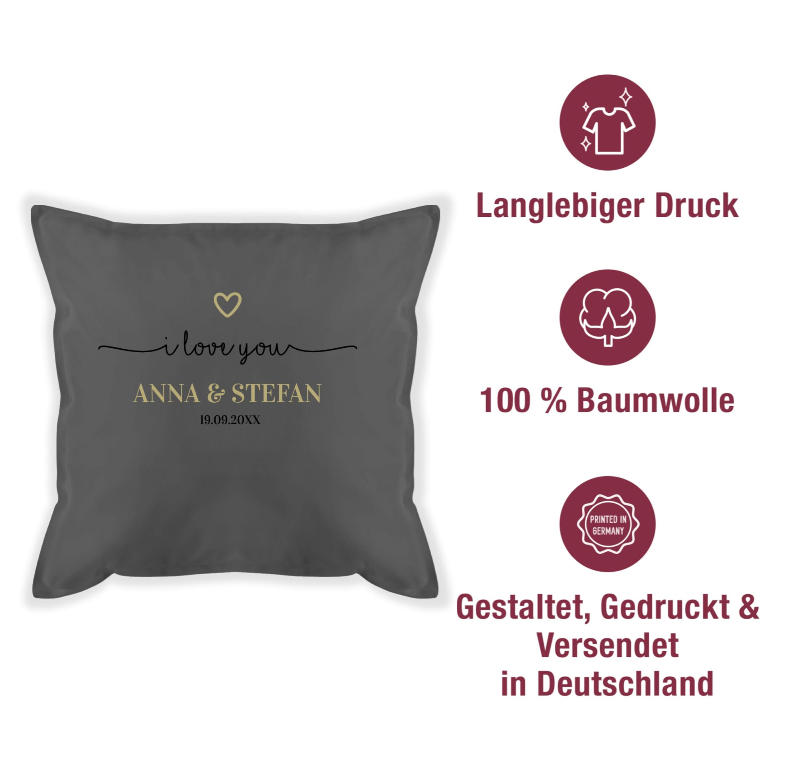 Kissen 50x50 - Ideen - I Love You mit Datum I Partner Geschenk I Geschenk Paare - 50 x 50 cm - Grau - Geschenke für Freundin partnerkisen Valentinstag Paar sofakissen päärchenkissen paarkisssen 5