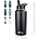 StarSpeed 32oz Insulated Water Bottle with Straws & 2 Lids, Stainless Steel Double Walled Vacuum Water Flask, Wide Mouth Sports Water Bottle for Gym Camping Hiking, Black