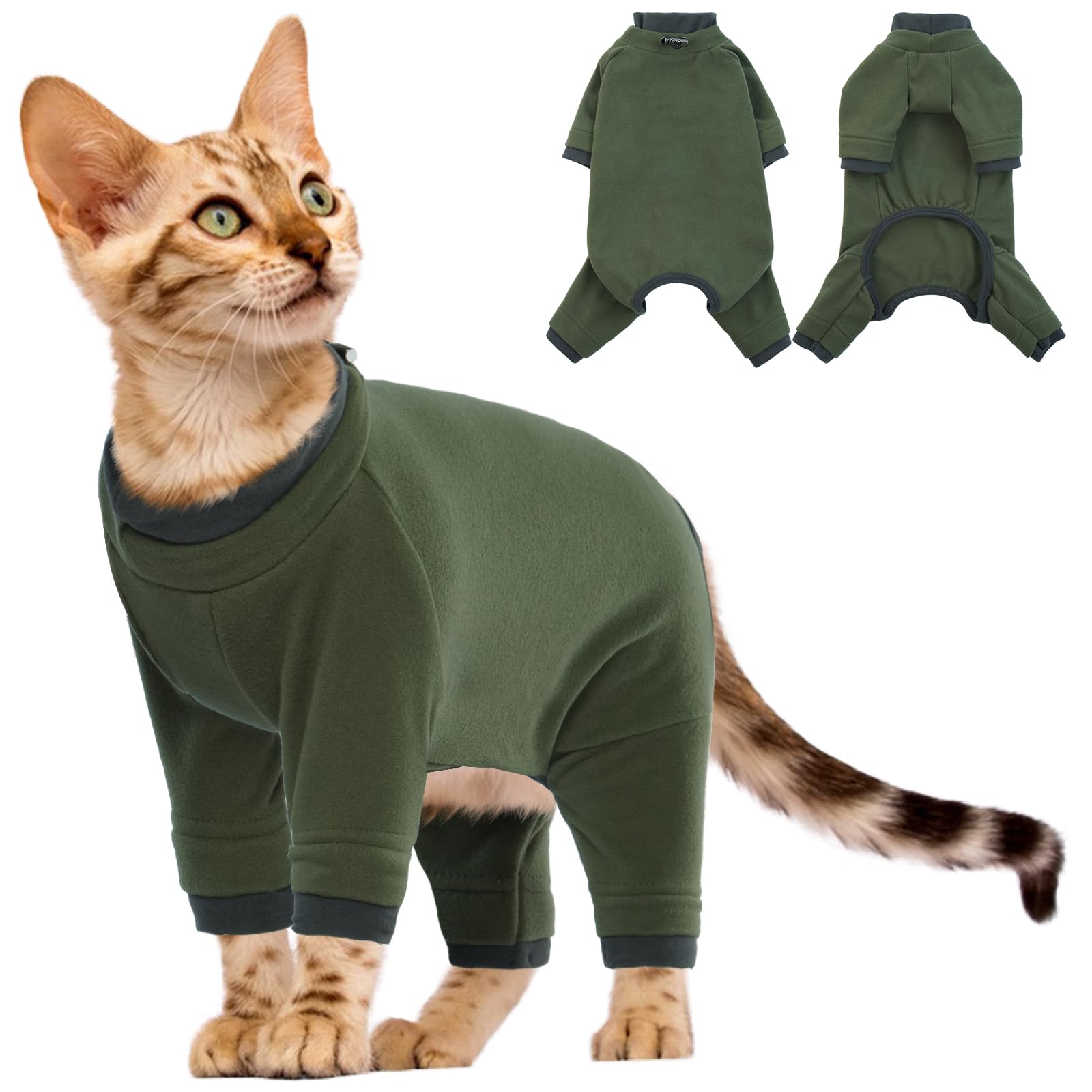 Cat Jumper Fleece, Onesie Post Surgery Bodysuit after Surgery Turtleneck Fleece Winter Warm Clothes Solid Color with Adjustable Neckline(Army Green, L) — image 1