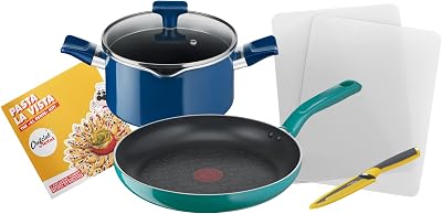 Chefclub by Tefal Set de cuisine Pasta la vista Poêle 28 cm, Faitout 20 cm + couvercle, Couteau cuisine Fresh Kitchen, 2 planches à découper, Livret recette G804S404