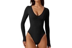 QINSEN Women's Sexy V Neck Bodysuit Long Sleeve Bodycon Stretch Plunge Shirt Tops