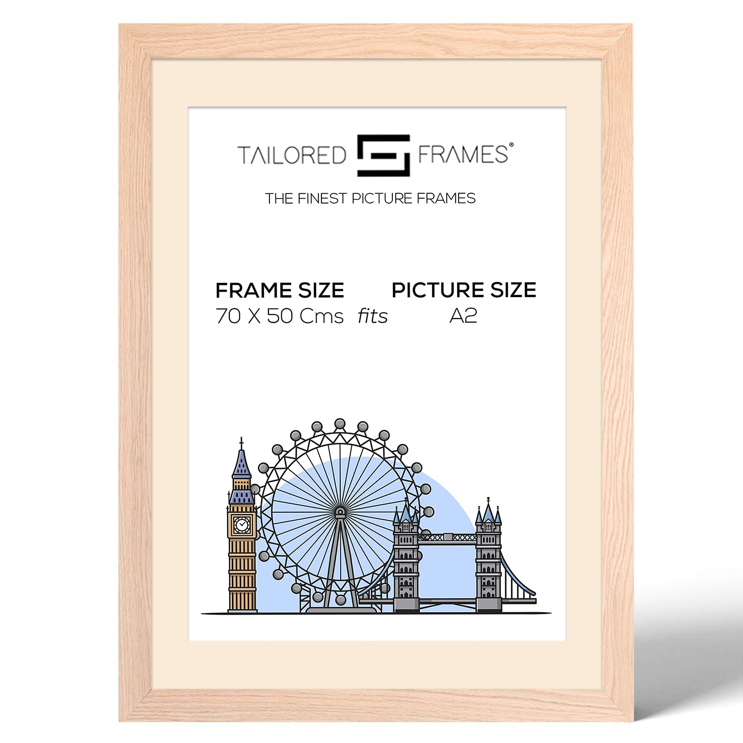 Tailored Frames 99 Solid Natural Oak 70 x 50Cm Frame for A2 Picture | Single Picture Frames | Wall Hanging Type | Photo Frame with Antique Mount