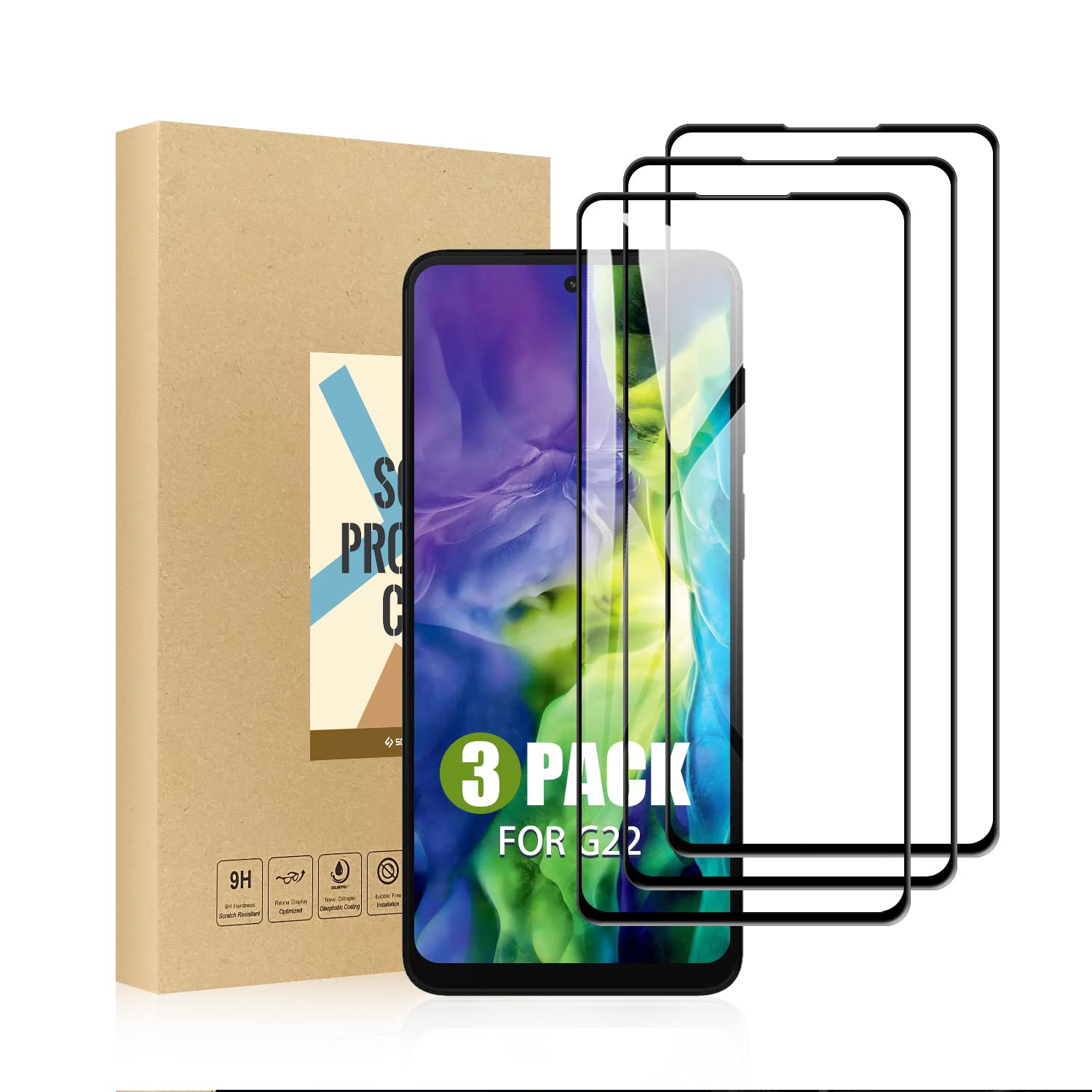 SCL Screen Protector Compatible with Moto G22 Screen Protector Motorola G22 Tempered Glass Film [3-Pack], [Full Coverage, Easy Installation, Bubble-free, 9H Hardness]