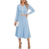 Pink Queen 2 Piece Sets For Women Long Sleeve Crop Top Pleated Skirts Ribbed Knit Matching Set Fall Outfits