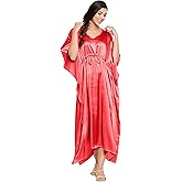 Oussum Women Plus Size Kaftan Dress Solid Satin Maxi Kimono Sleeves Night Gown Dresses Comfortable Lounge Wear for Ladies
